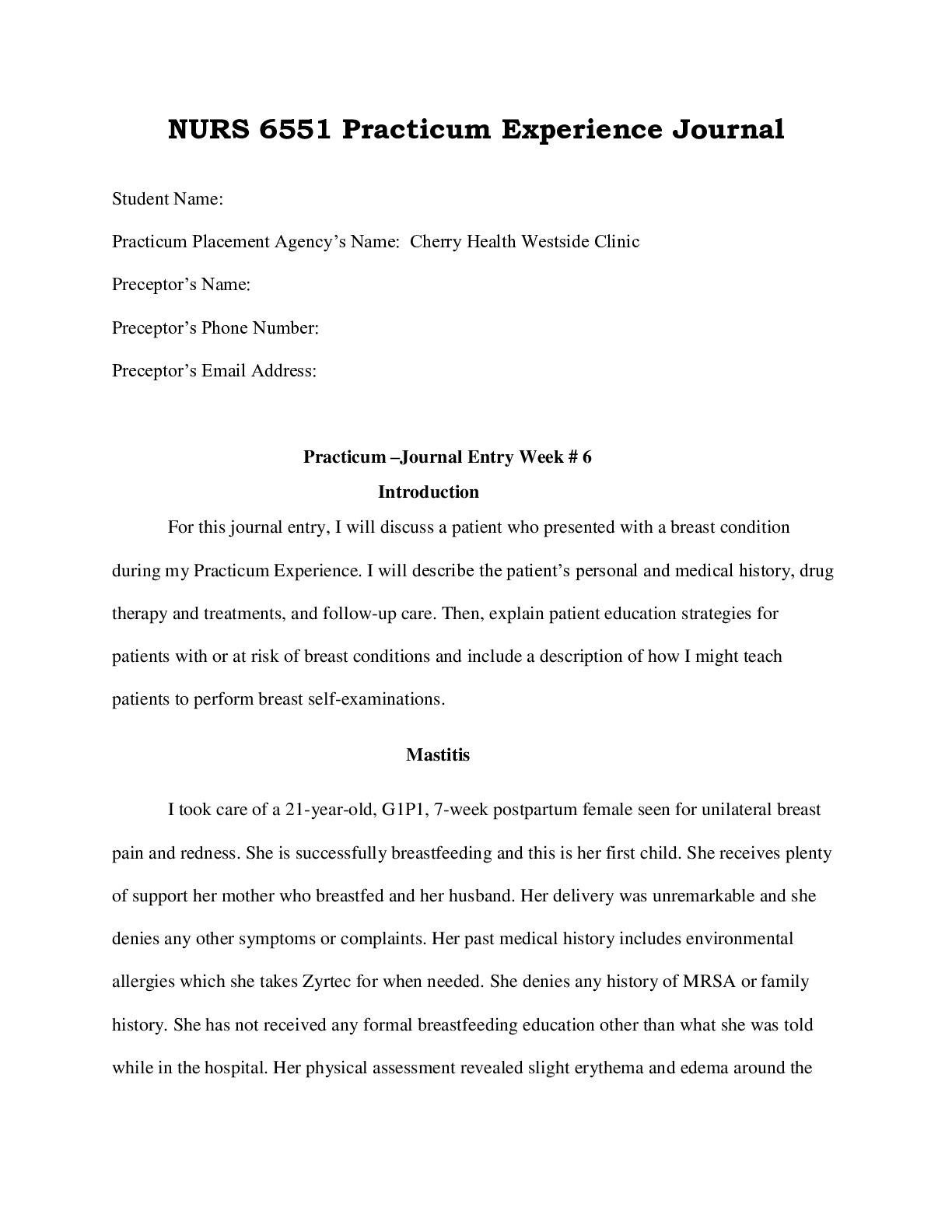 Preview image of NURS 6551 Practicum Experience Journal Entry Week # 6 Completed for 2022/2023 document